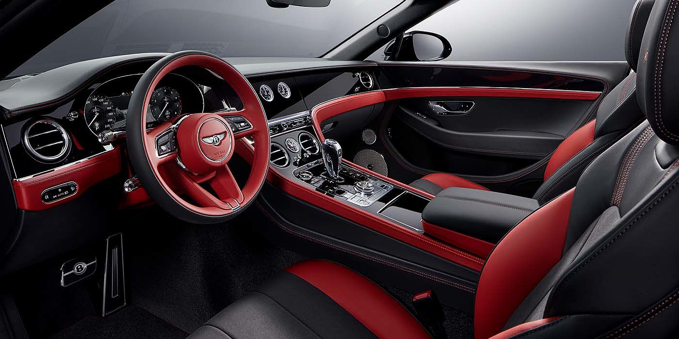 Bentley Sydney Bentley Continental GTC S convertible front interior in Beluga black and Hotspur red hide with high gloss carbon fibre veneer