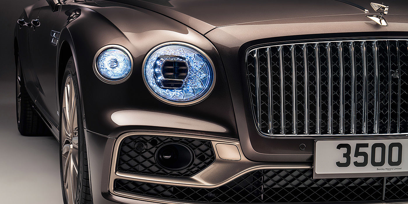 Bentley Sydney Bentley Flying Spur Odyssean sedan front grille and illuminated led lamps with Brodgar brown paint