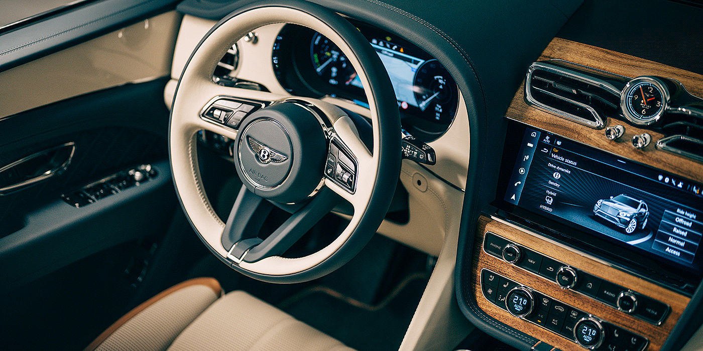 Bentley Sydney Bentley Bentayga Odyssean Edition SUV front interior steering wheel in Linen and Brunel hide