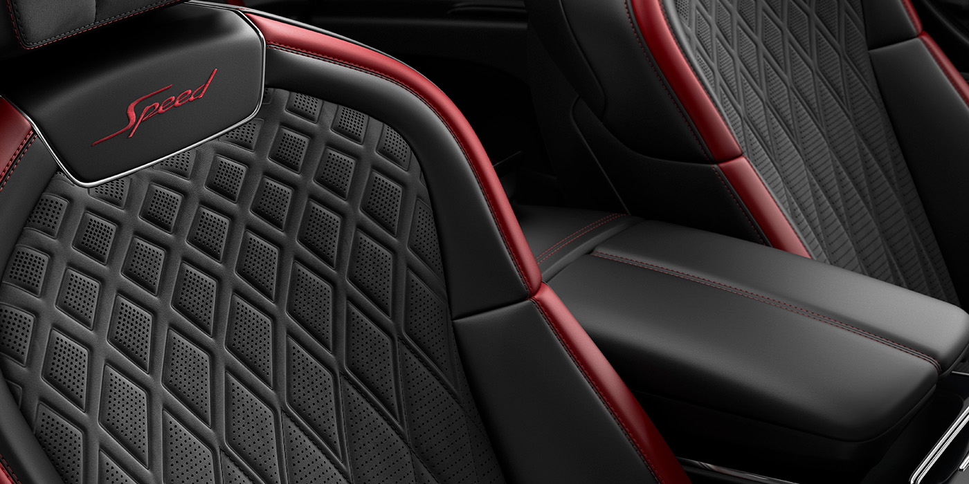 Bentley Sydney Bentley Flying Spur Speed sedan seat stitching detail in Beluga black and Cricket Ball red hide