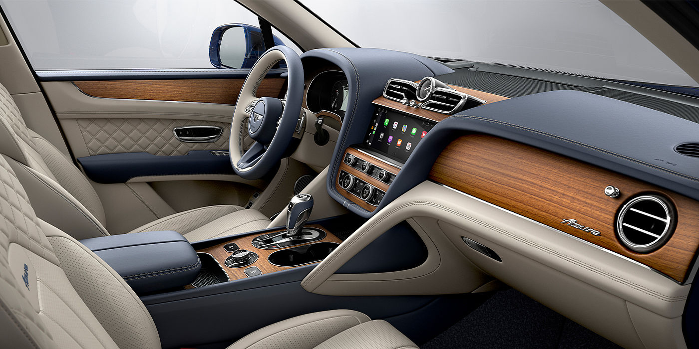 Bentley Sydney Bentley Bentayga Azure SUV front interior in Imperial Blue and Linen hide