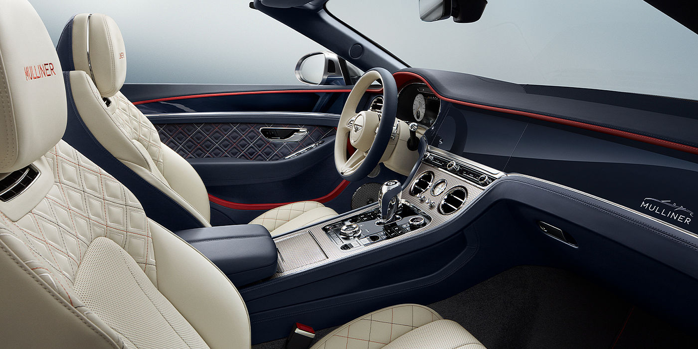 Bentley Sydney Bentley Continental GTC Mulliner convertible front interior in Imperial Blue and Linen hide