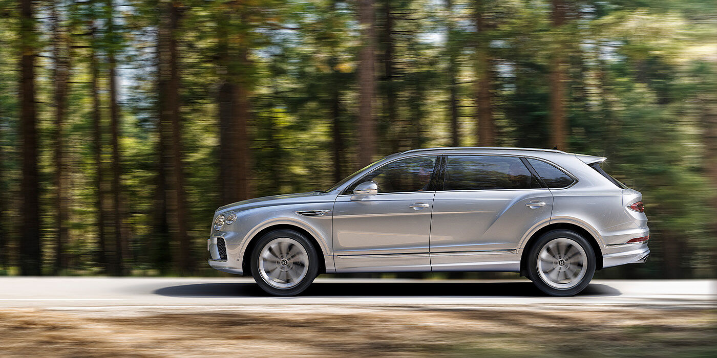 Bentley Sydney Bentley Bentayga EWB in Moonbeam colour driving through forest.